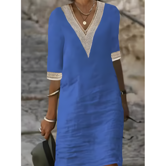 Isabeau™ | Robe Midi à Col V avec Détails en Dentelle Contrastante